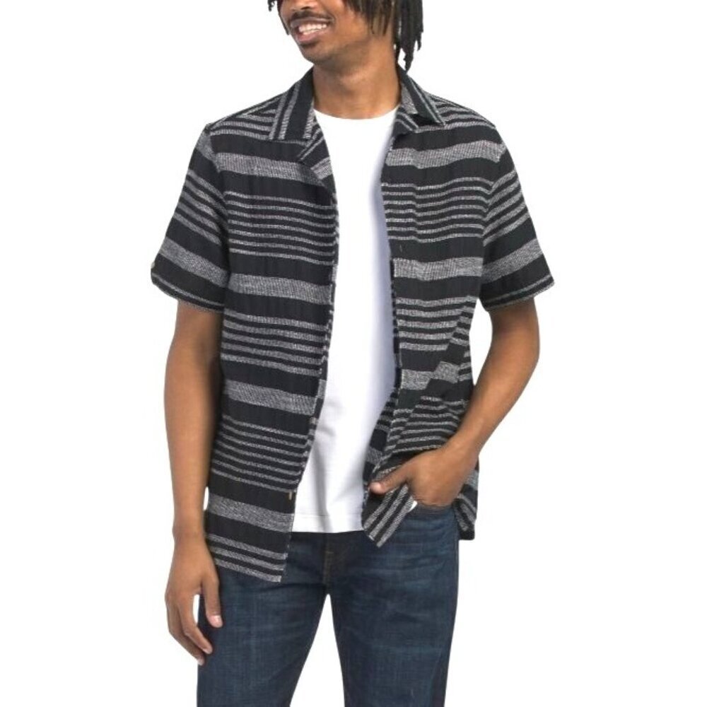 Ben Sherman Mens Black Short Sleeve Striped Button Down Camp Shirt Sz L New